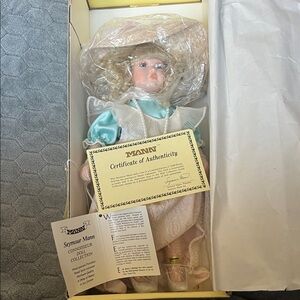 Seymour Mann Porcelain Doll with Cream and Blue Dress